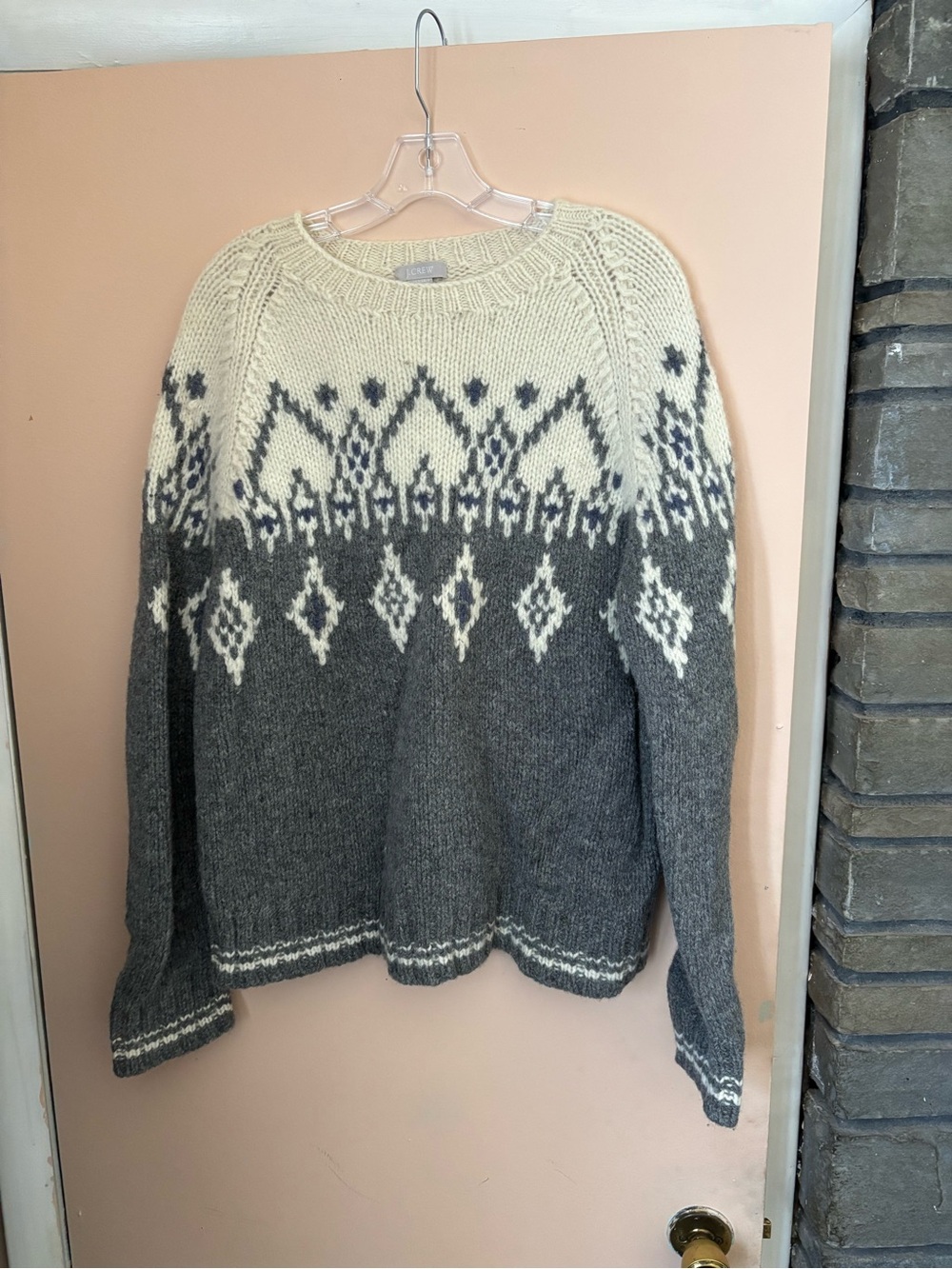 J. Crew Gray and Cream Nordic Crewneck Sweater